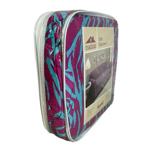 Madison Jersey Zebra Sofa Slipcover Pink and Blue fits 74 inch to 96 inch New - Picture 2 of 6